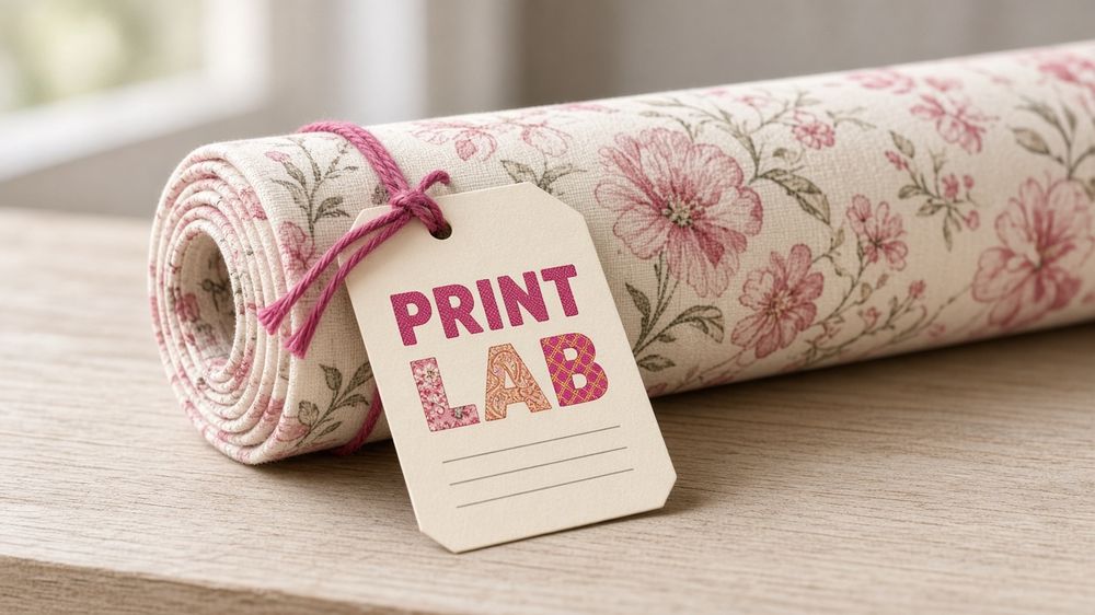 Print Lab swing tag on a roll of printed floral fabric